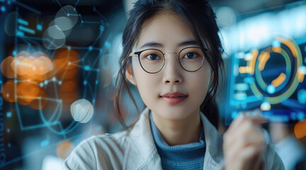 Chinese woman working as a product manager, discussing design with her team, digital prototypes softly blurred behind her.