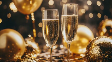 Golden champagne flutes on a table surrounded by shiny confetti and glittery balloons.