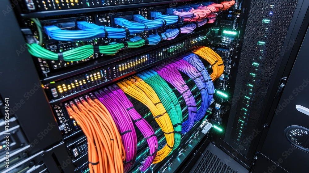 Poster colorful network cables connected to server rack
