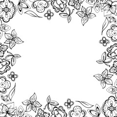 Floral lace embroidery exotic orchid rose traditional flowers and leaves, folk ethnic stylized. Hand drawn ink vector illustration. Border frame isolated on white. Design travel, vacation, brochure