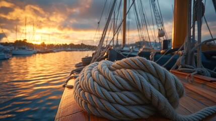 Obraz premium Rope on a boat with sunset reflection.