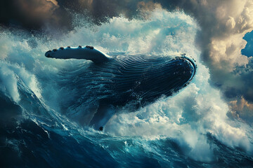 Blue whale breaching above ocean waves, creating dramatic splash. 4k image