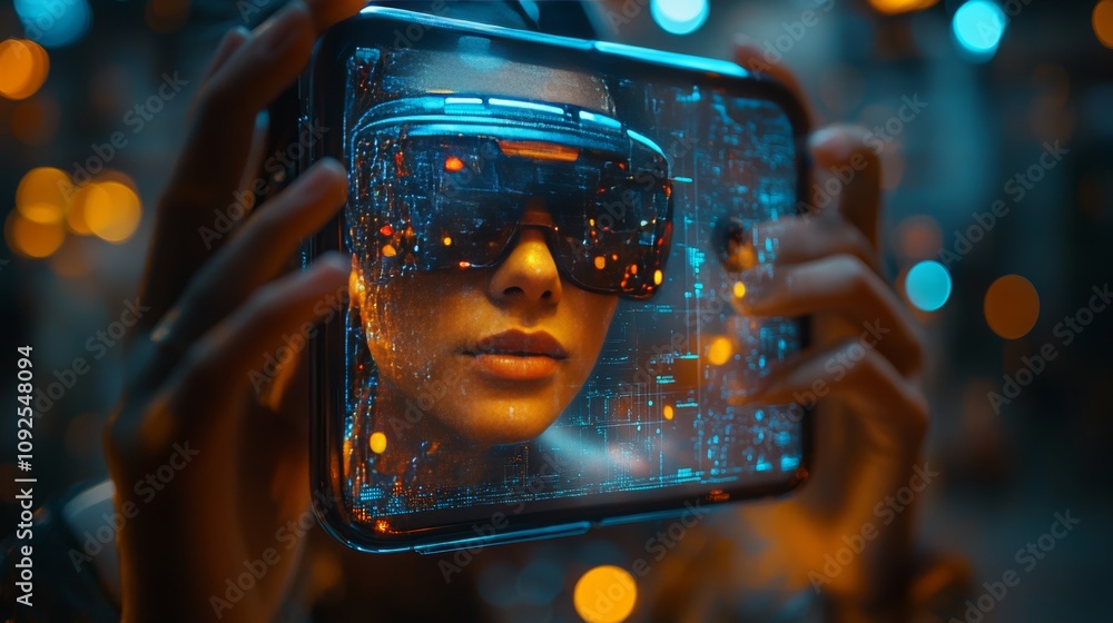 Poster Young woman using futuristic virtual reality glasses with glowing digital interface and colorful bokeh background, exploring advanced technology and immersive experiences in a modern environment