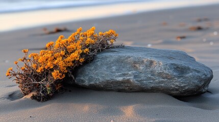 Fototapeta premium Rock adorned with vibrant yellow flowers on sand.