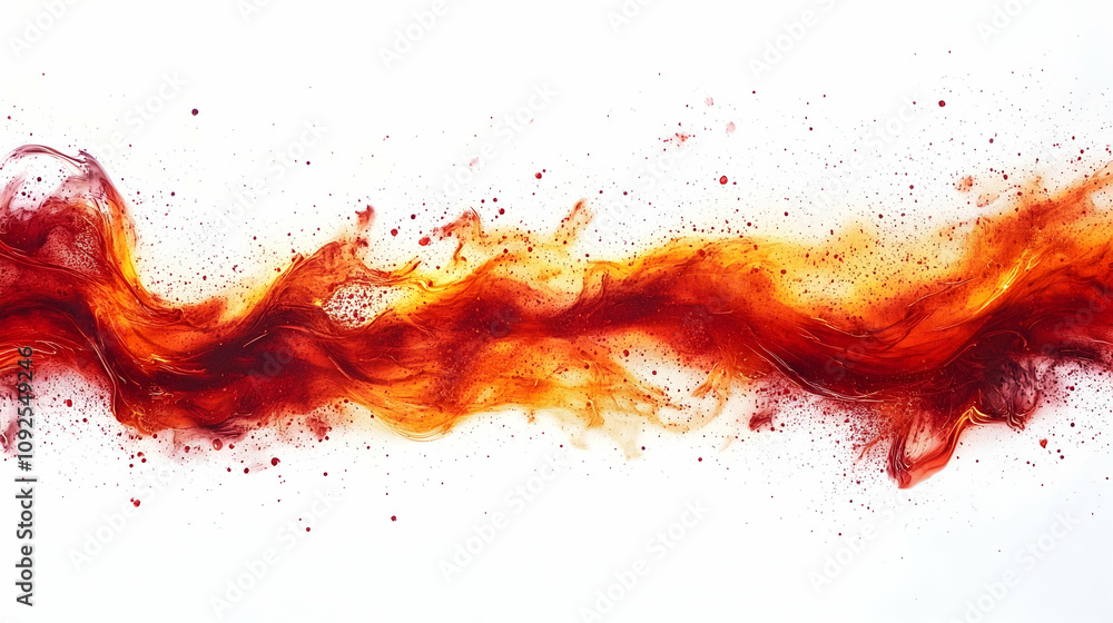 Poster abstract fiery orange and red fluid flows dynamically across white background, creating a vibrant, e