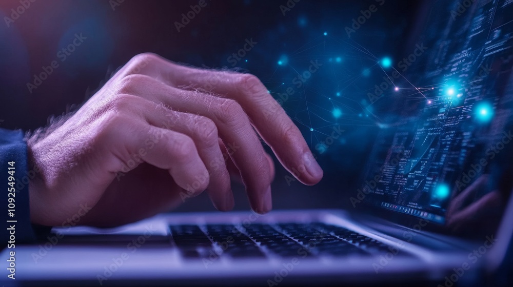 Poster close-up of a person's hand typing on a laptop keyboard surrounded by digital data and technology el