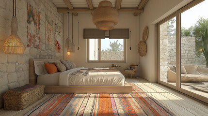 Fototapeta premium Cozy bedroom with natural elements and sustainable design featuring upcycled materials in a serene setting