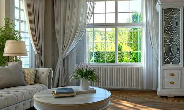 Sunlit Living Room with Elegant White Sofa, Coffee Table, and Window Views