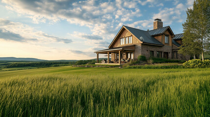 Obraz premium Upscale country home with expansive fields - Sunlit landscape, wooden and stone facade, rustic luxury