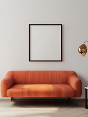 Modern Orange Sofa with Blank Frame and Floor Lamp