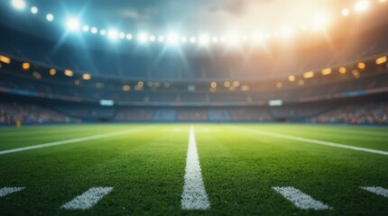 Illuminated football stadium with green grass field and yard lines, ready for a game, under bright stadium lights at dusk