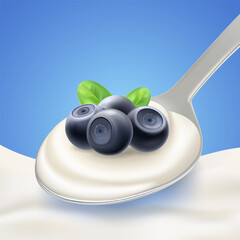 Wild blueberry berry with splash and flow of milk or yogurt in spoon, waves and streams on blue background. Vector for packaging design, drinks and food.