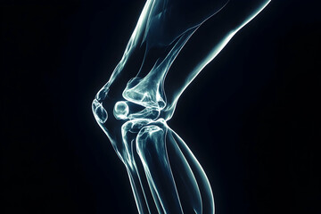 Detailed X-ray image showcasing knee joint issues against a stark black background. high quality image