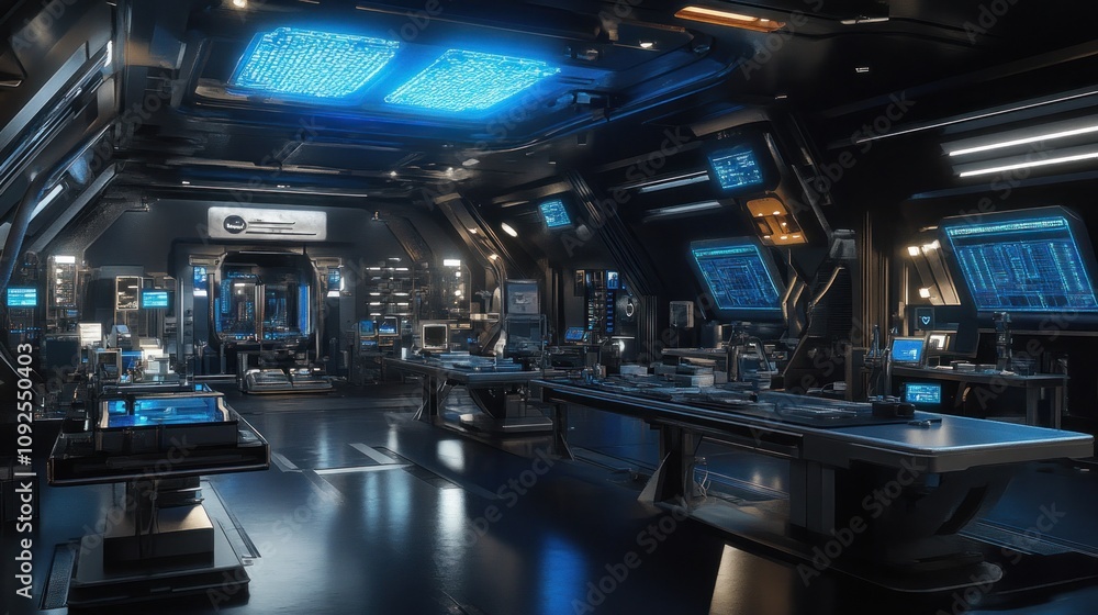Poster futuristic spaceship bridge command center interior design