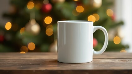 White Mug Mockup With Christmas Background
