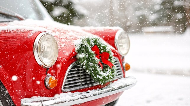 Christmas gift prepare delivery concept. A festive red car adorned with a wreath, set against a snowy backdrop, capturing the spirit of Christmas.