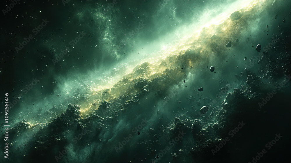 Poster cosmic landscape with swirling gases and glowing stars in dark space filled with asteroids and celes