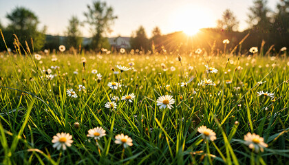 Champ de marguerites au coucher du soleil