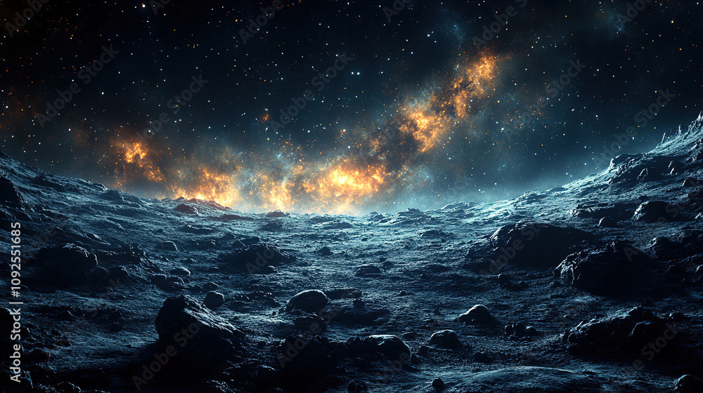 Poster cosmic landscape with rocky terrain and distant celestial phenomena in a vast universe. generative a