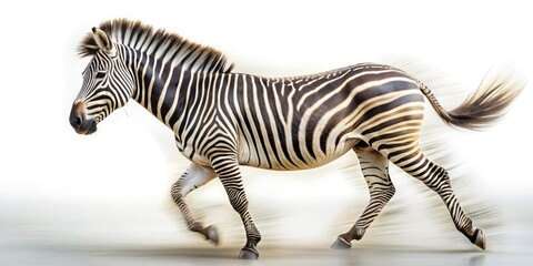 Fototapeta premium Striking Zebra on White Background - Long Exposure Photography, Artistic Animal Capture, Unique Zebra Patterns, Minimalist Design, Wildlife Art,