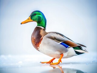 Fototapeta premium Stunning Drone Photography of a Duck on a White Background â€“ Captivating Wildlife Imagery for Nature Lovers, Aerial Views, and Stunning Stock Photos