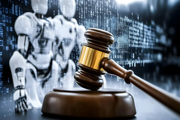 Exploring advanced robotics law with a gavel on a futuristic digital background. high quality image