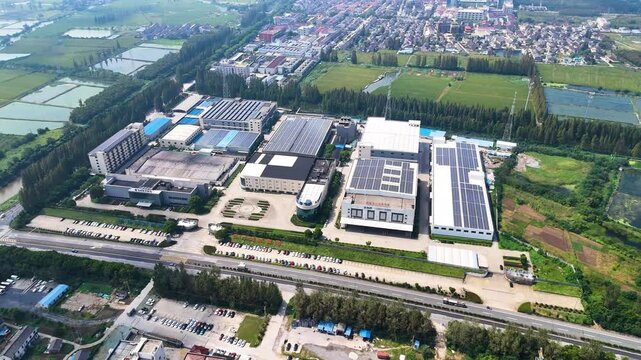 Pullout drone view of Glasses and Sunglasses Factories in Danyang City, Jiangsu Province, China