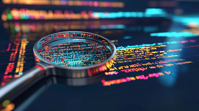 magnifying glass focuses on colorful code, symbolizing malware analysis and cybersecurity. This captures essence of digital exploration and threat detection