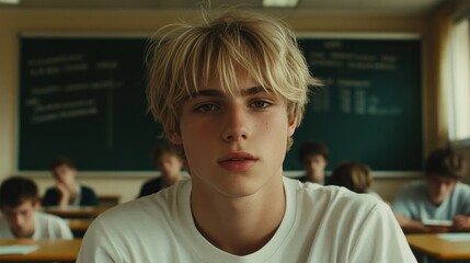 A young student gazes thoughtfully in a classroom filled with peers.