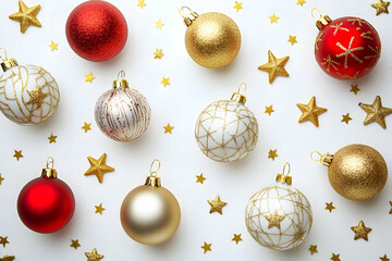 Festive Christmas ornament pattern with golden stars on a bright white background. 4k image