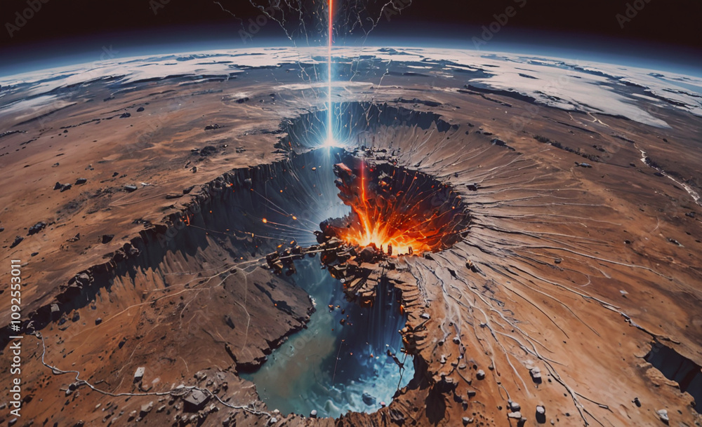 Poster volcano with a crater and a river. the volcano is on a planet. the crater is on the left side of the