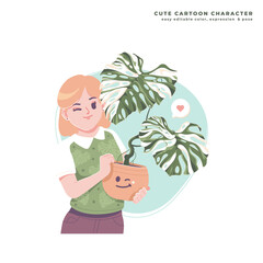 girl with her plant cute cartoon character