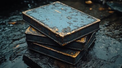 Obraz premium Weathered books stacked on a rocky surface.