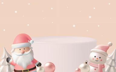 Santa Claus and Snowman on Cloudy Winter Scene with White Christmas Trees