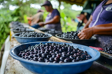 fresh acai berries in bowls with farmers during a harvest, tropical agriculture. high quality image