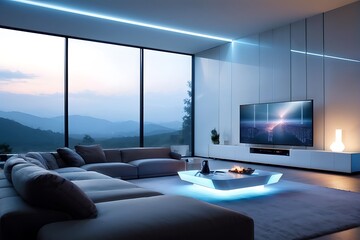 
Smart home Living Room with Central Hub Controlling Lighting, Music, and Temperature

