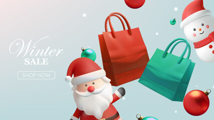 Winter Sale Promotion Featuring Santa, Snowman, Shopping Bags, and Holiday Decorations