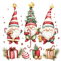 Three cheerful gnomes celebrate the holidays with gifts and decorations in a festive scene
