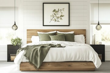 Design a bright and cozy modern farmhouse master bedroom with white walls. The bed features The Driftless Platform Bed Frame with an extra-wide headboard, generative ai