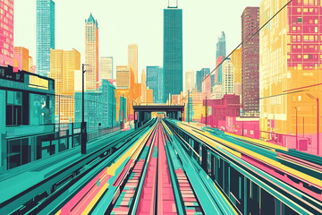 Fototapeta premium Colorful skyline & train tracks