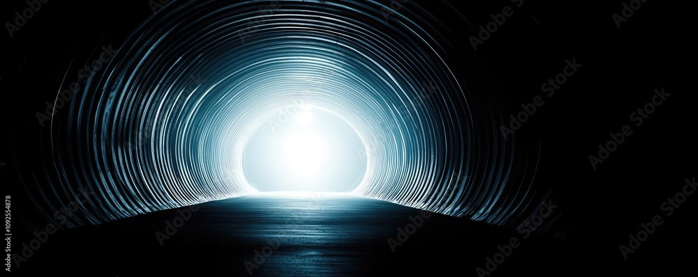 Poster mysterious tunnel illuminated by bright light at the end, creating a surreal atmosphere.