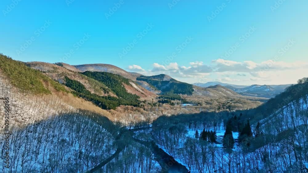 Poster 自然、風景、空撮、冬、奥入瀬、奥入瀬渓流、雪、川、雪国、北国、山地、森林、ドローン、環境、せせらぎ、河川、小川、枯れ木、積雪、大雪、青森、東北、日本、景色、青空、朝、夜明け、樹木、雪解け、雪解け水、渓流、水、清流、パノラマ、展望、観光、旅行、エコロジー、美しい、山脈、木、屋外、アウトドア、登山、雪山、冬景色、降雪、山岳、残雪、渓谷