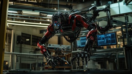 A futuristic robot with a sleek design is showcased in a high-tech industrial setting.