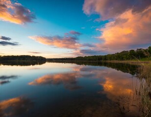 Colorful Sky and Serene Lake Reflecting Vibrant Sunset and Dramatic Clouds