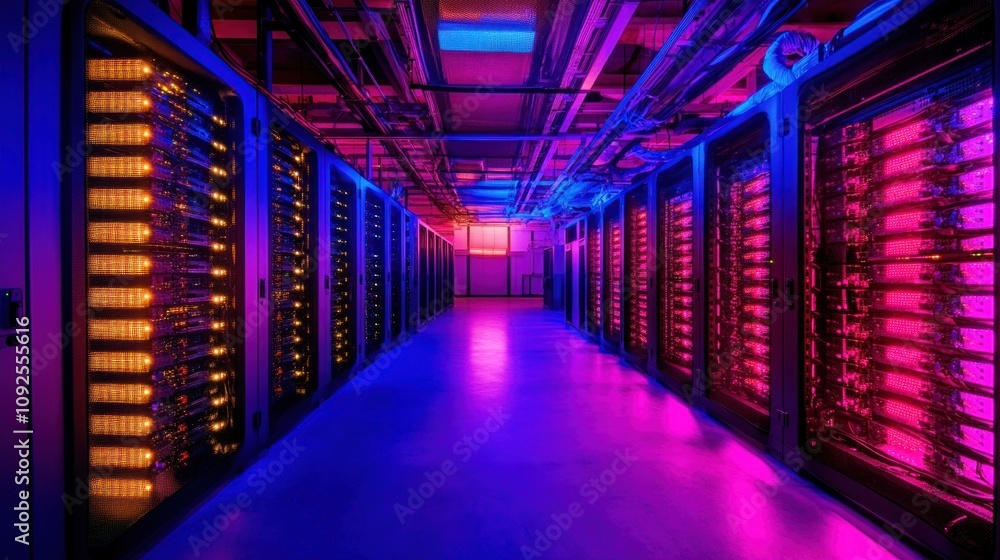 Poster illuminated servers in a modern data center corridor
