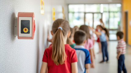 fire alarm on school wall with children participating in safety drill. scene captures importance of safety education in schools, highlighting teamwork and awareness - obrazy, fototapety, plakaty