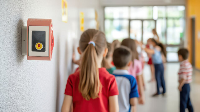 fire alarm on school wall with children participating in safety drill. scene captures importance of safety education in schools, highlighting teamwork and awareness