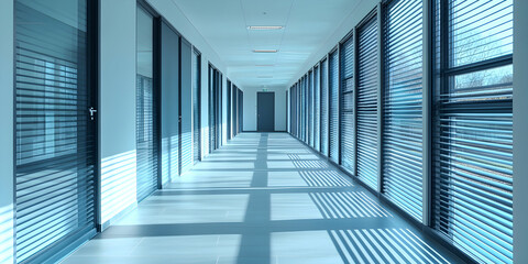 Obraz premium Sunlit Modern Office Corridor with Venetian Blinds