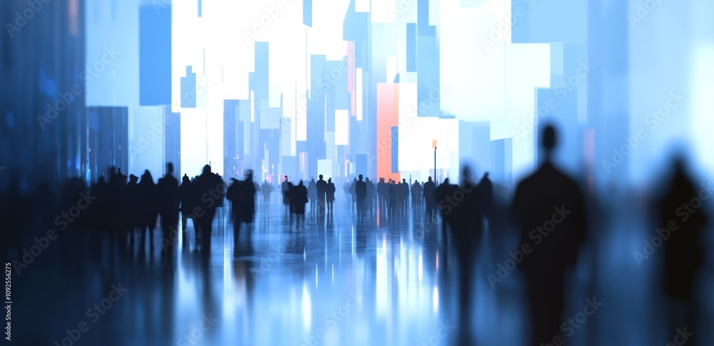 Aufkleber a blurred scene of people amidst abstract colorful shapes and reflections.
