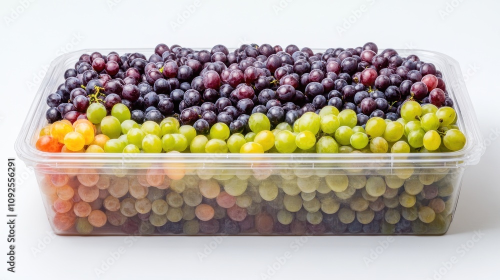 Poster a container filled with various types of grapes, showcasing their colors and freshness.